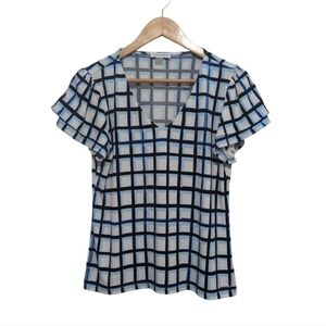 Calvin Klein Blue White Window Pane Plaid Square Print Professional Blouse